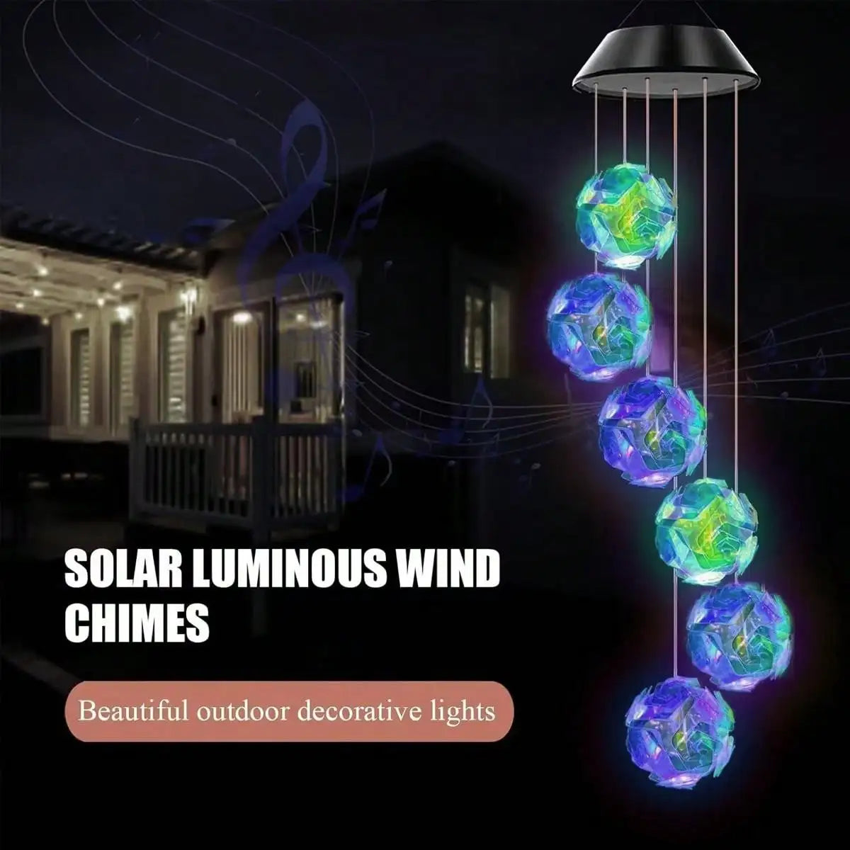 Home decor solar wind chimes with hanging LED lit globes for outdoor patio garden