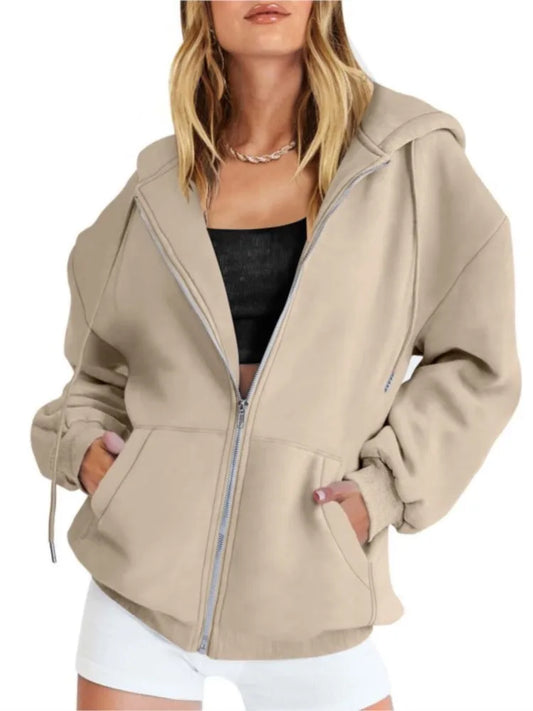Women's Cotton Blend Hooded Sweatshirt With Zipper And Drawstring Pocket Long Sleeve