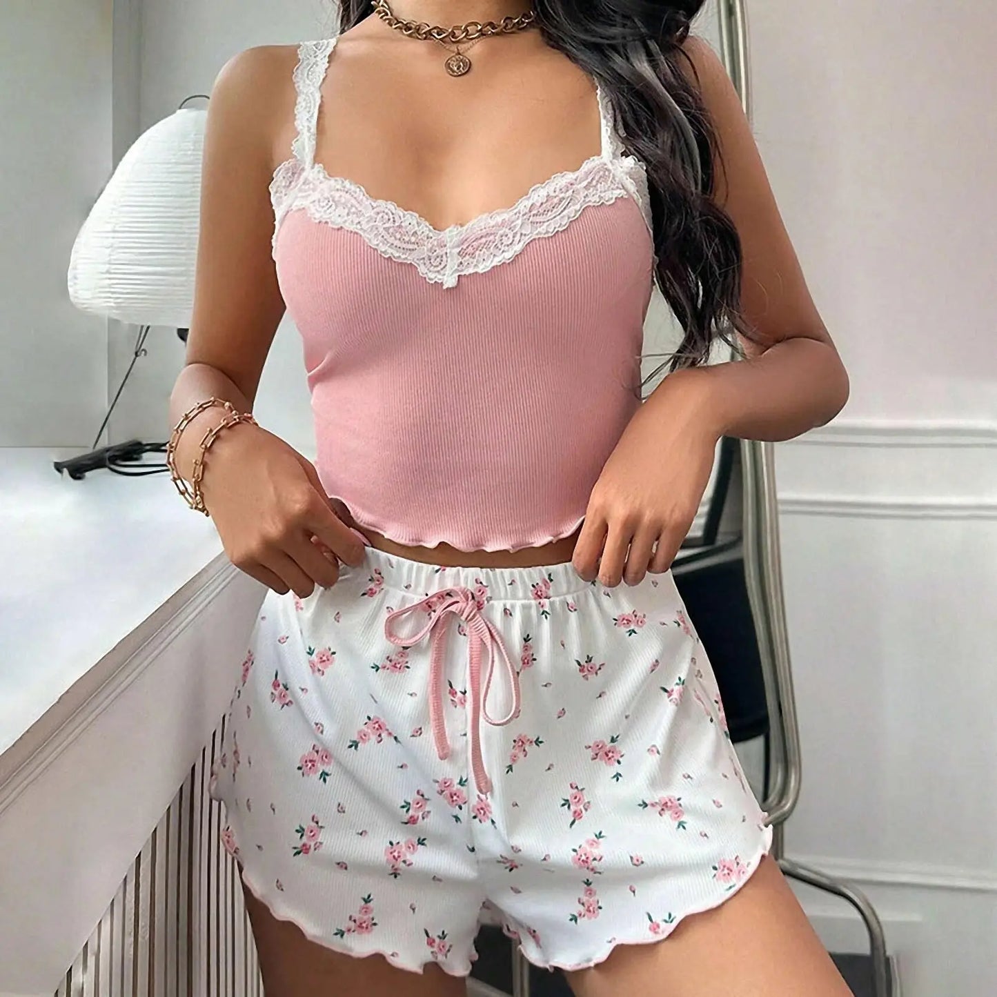 Delicate Pajama Set with V Neck Camisole Top and Printed Shorts