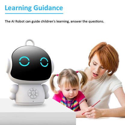 White plastic robot toy with a digital screen and buttons used for interactive education and language learning.