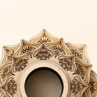 Light wood lotus crystal ball stand featuring laser-engraved intricate petal patterns and a central circular holder.