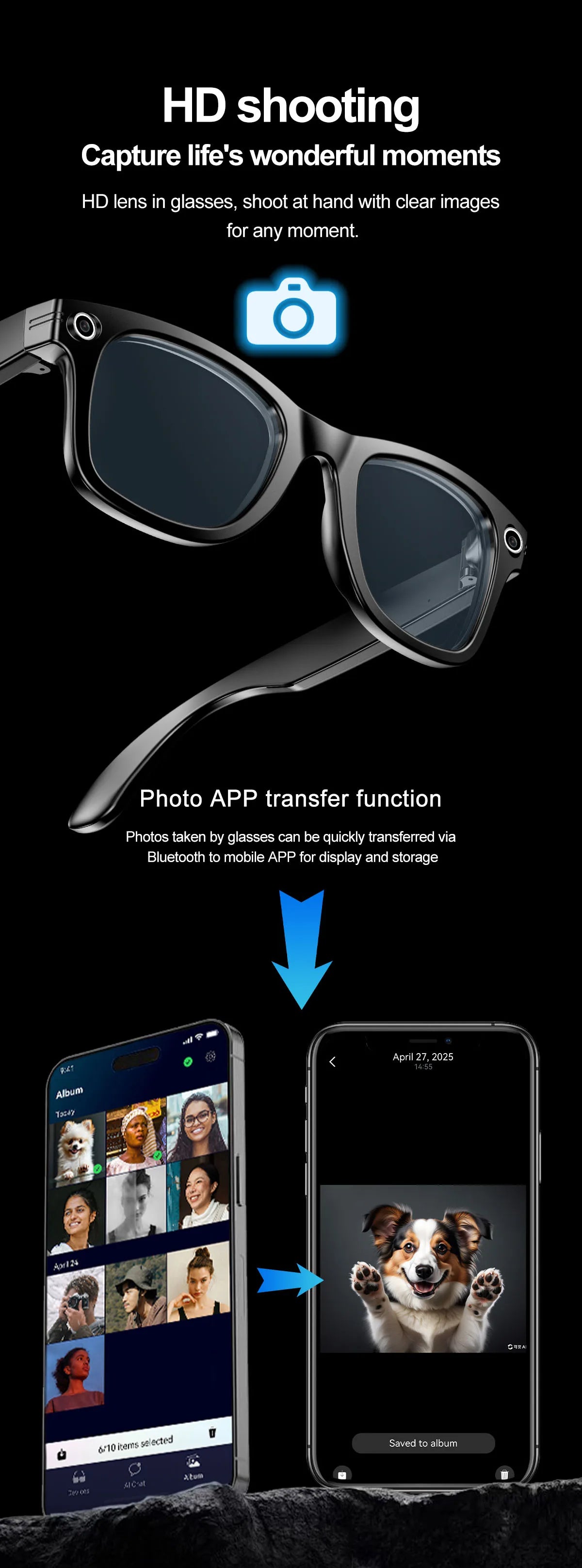 Smart Glasses  Recording Videos AI Photo Recognition Answer Translation 260mAh Large Battery IP65 Waterproof Bluetooth Glasses