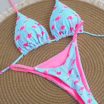 Women's Triangle Lace-Up Bikini Set with Adjustable Straps and Thong Bottom