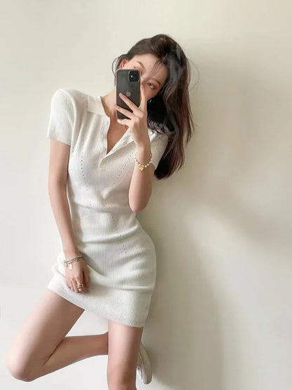 Breathable Polo Neck Knit Dress with Hollow Out Panels for Beachwear