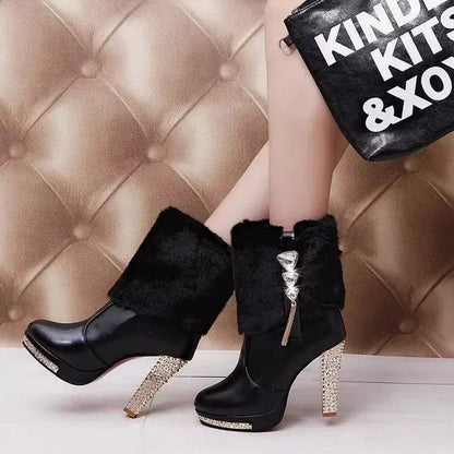 Black ankle boots with faux fur trim, platform soles, rhinestone-encrusted high heels, and crystal accents.