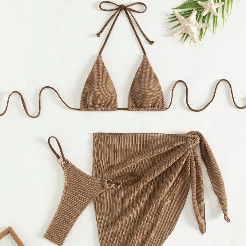 Women's Halter Push-Up Three-Piece Bikini Set with Skirt Cover-Up