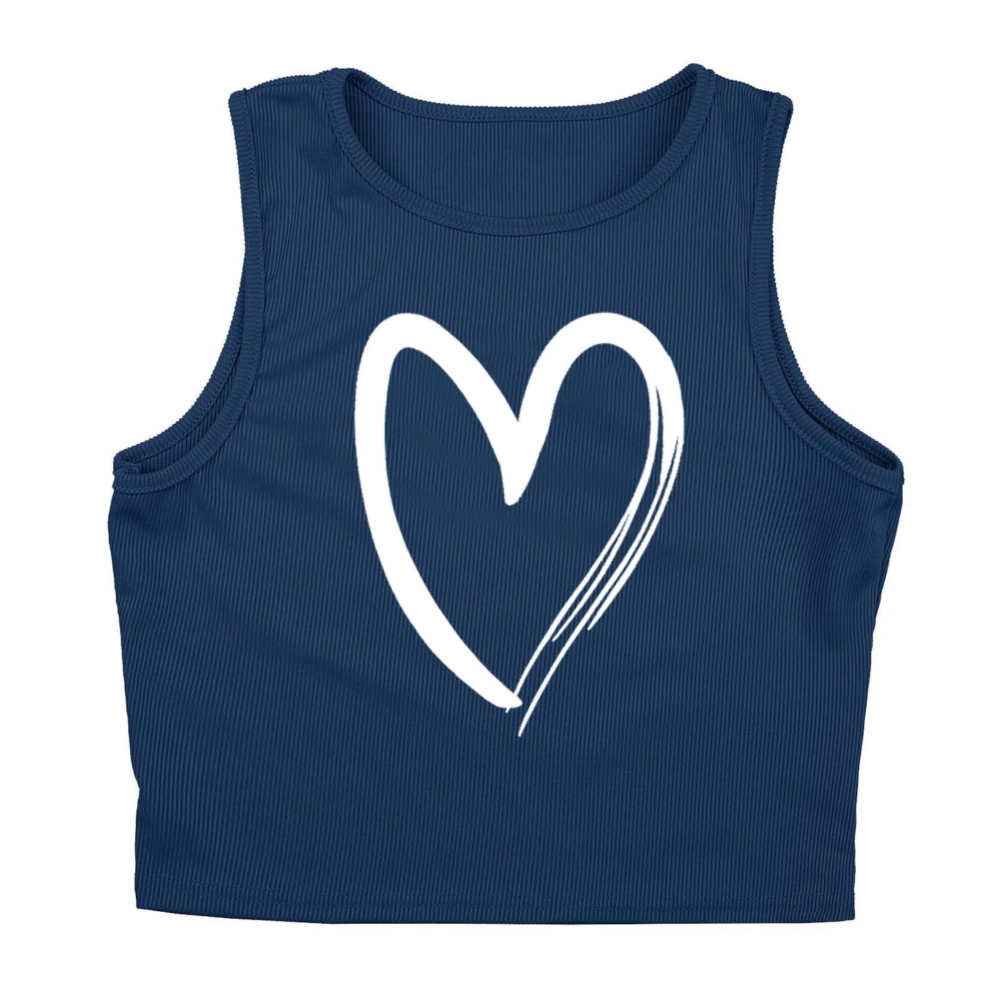 Navy blue ribbed knit tank top with a white heart print, ideal as a fitted summer base layer.