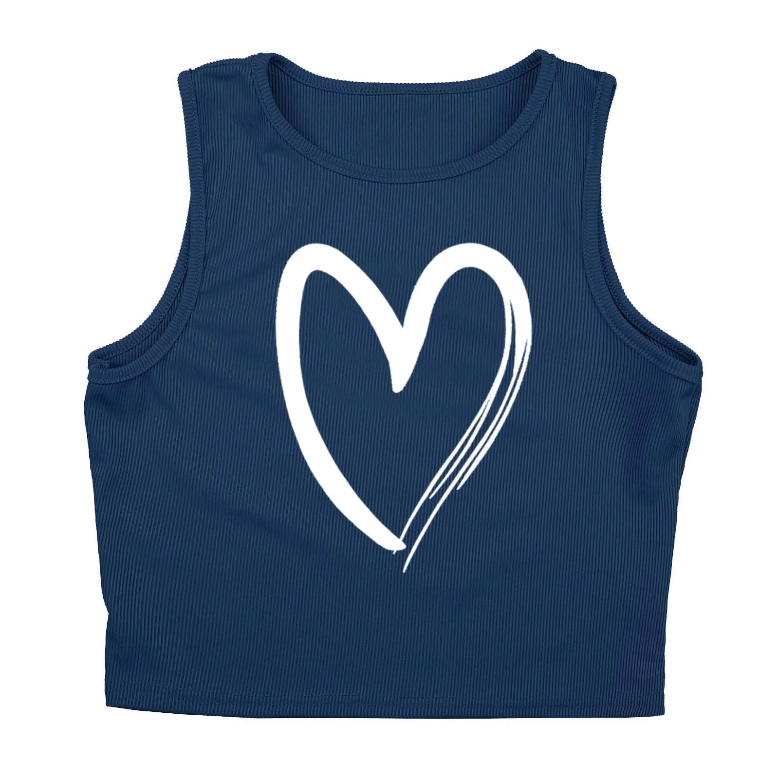 Navy blue ribbed knit tank top with a white heart print, ideal as a fitted summer base layer.