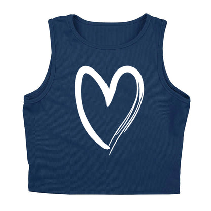 Navy blue ribbed knit tank top with a white heart print, ideal as a fitted summer base layer.