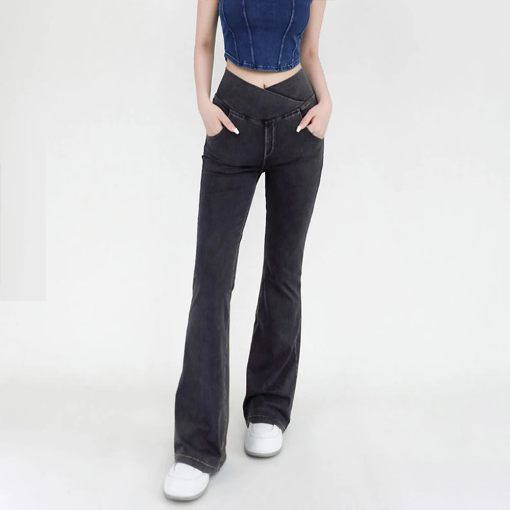 High Waist Denim Bell Bottom Jeans for Women with 4 Way Stretch and Comfortable Fit