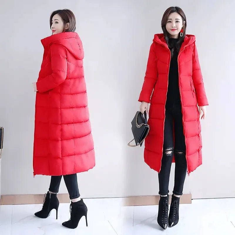 Red long quilted down puffer jacket with a hood, zipper closure, and slim fit.