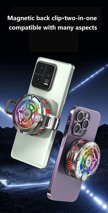 Silver magnetic phone cooler with RGB LED lights and digital temperature display for mobile gaming cooling.
