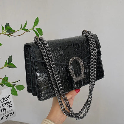 Textured Leather Crossbody Bag With Crocodile Pattern And Durable Build And Everyday Chain Strap