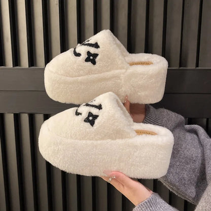 Warm Slippers for Women Indoor Non Slip Plush Traction Rubber Sole With Wedge Heel