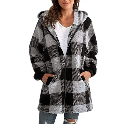 Plush women's coat 2026 long sleeve plaid hooded zipper loose coat with pocket coat women