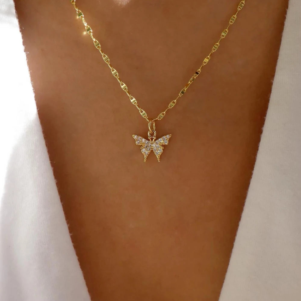 Necklace butterfly pendant rhinestone crystal layered metal chain