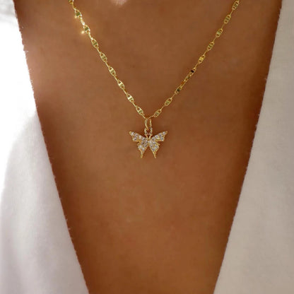 Necklace butterfly pendant rhinestone crystal layered metal chain