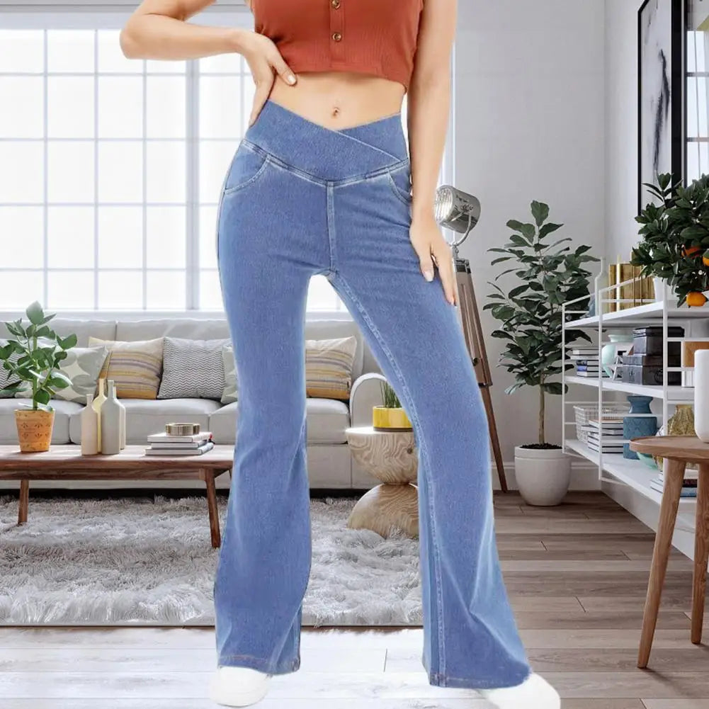 High-Waist Flared Jeans With Elastic Waist And Handy Pockets For Women