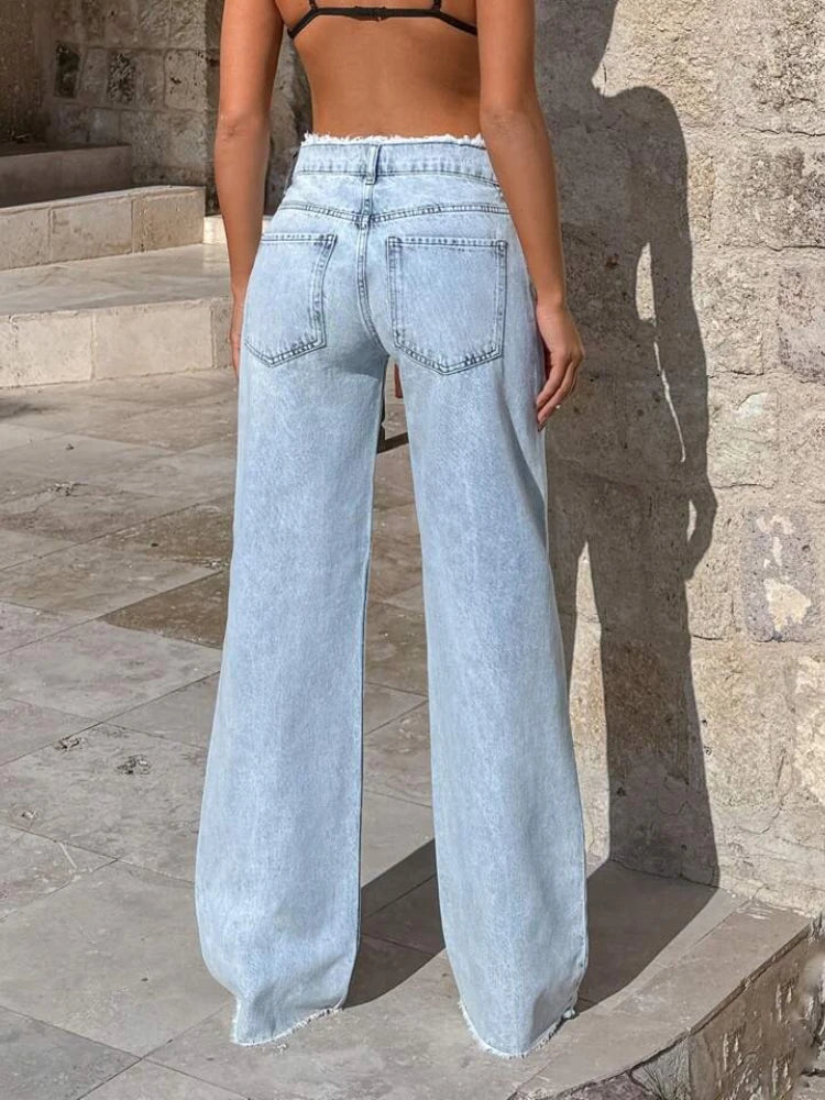 Frayed Jeans Wide Leg High Waist Full Length for Women Everyday Wear