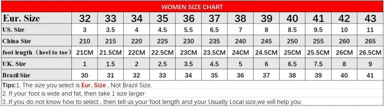 Women's size chart converting Eur sizes 32-43 to US, China, foot length, UK, and Brazil sizes.