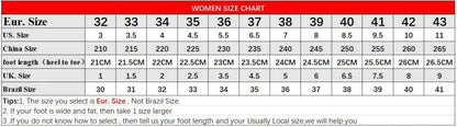 Women's size chart converting Eur sizes 32-43 to US, China, foot length, UK, and Brazil sizes.