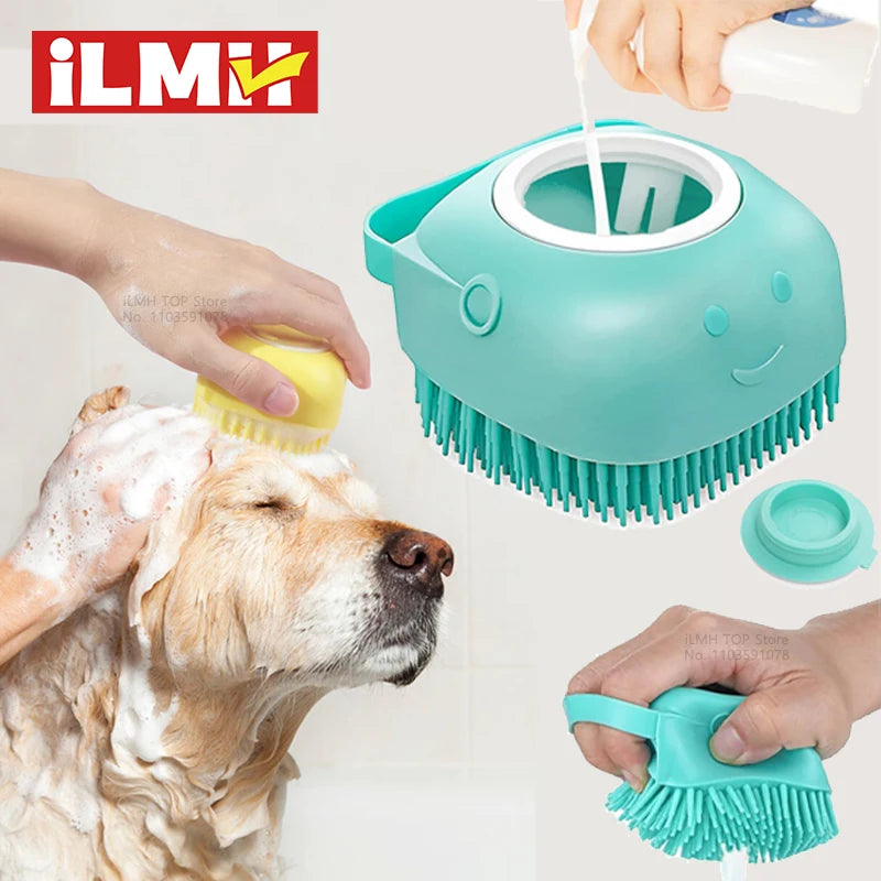 Pet Bath Brush With Soft Silicone Bristles And Dispenser For Dogs And Cats