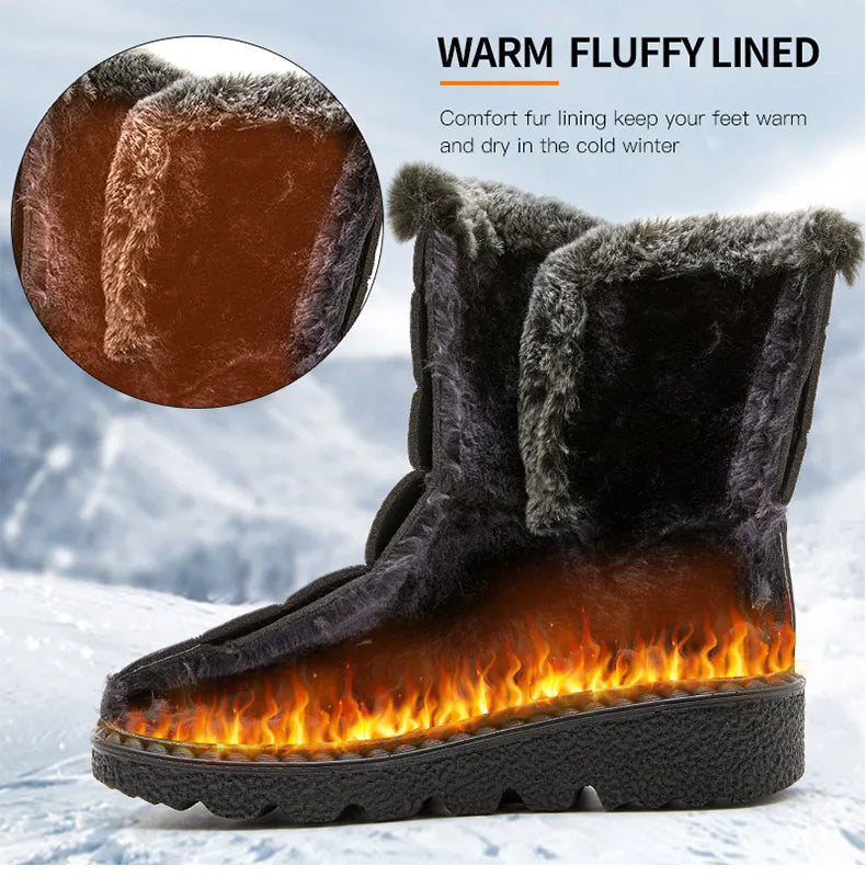 Black waterproof winter snow boot with thick faux fur lining, flat sole, and flame graphic on the sole.