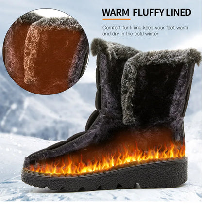 Black waterproof winter snow boot with thick faux fur lining, flat sole, and flame graphic on the sole.