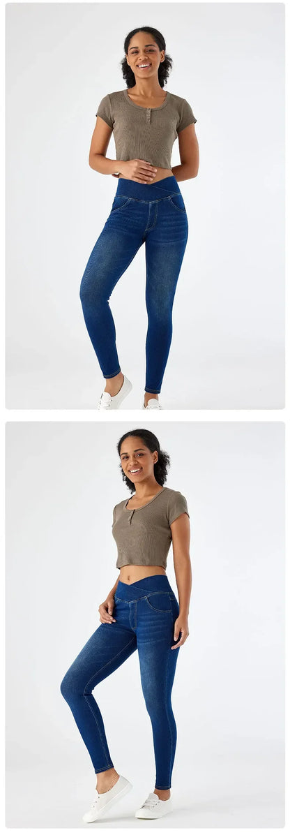 Cross Waist Yoga Jeans High Waist Skinny Ankle Length With Pockets