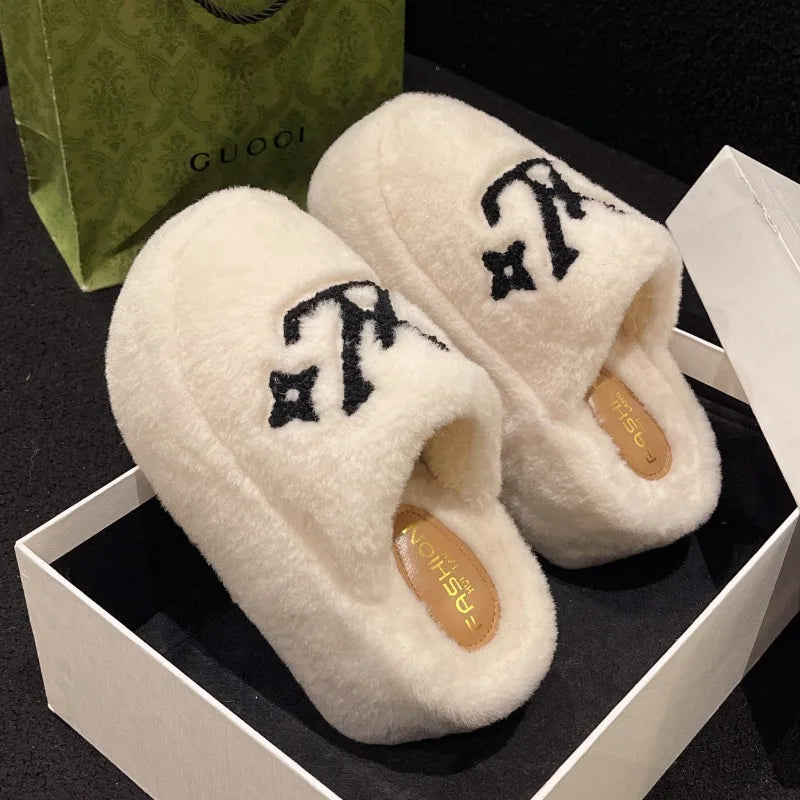 Warm Slippers for Women Indoor Non Slip Plush Traction Rubber Sole With Wedge Heel