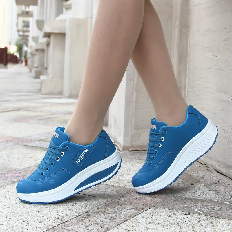 Women's lace-up wedge platform sneakers with rocker sole