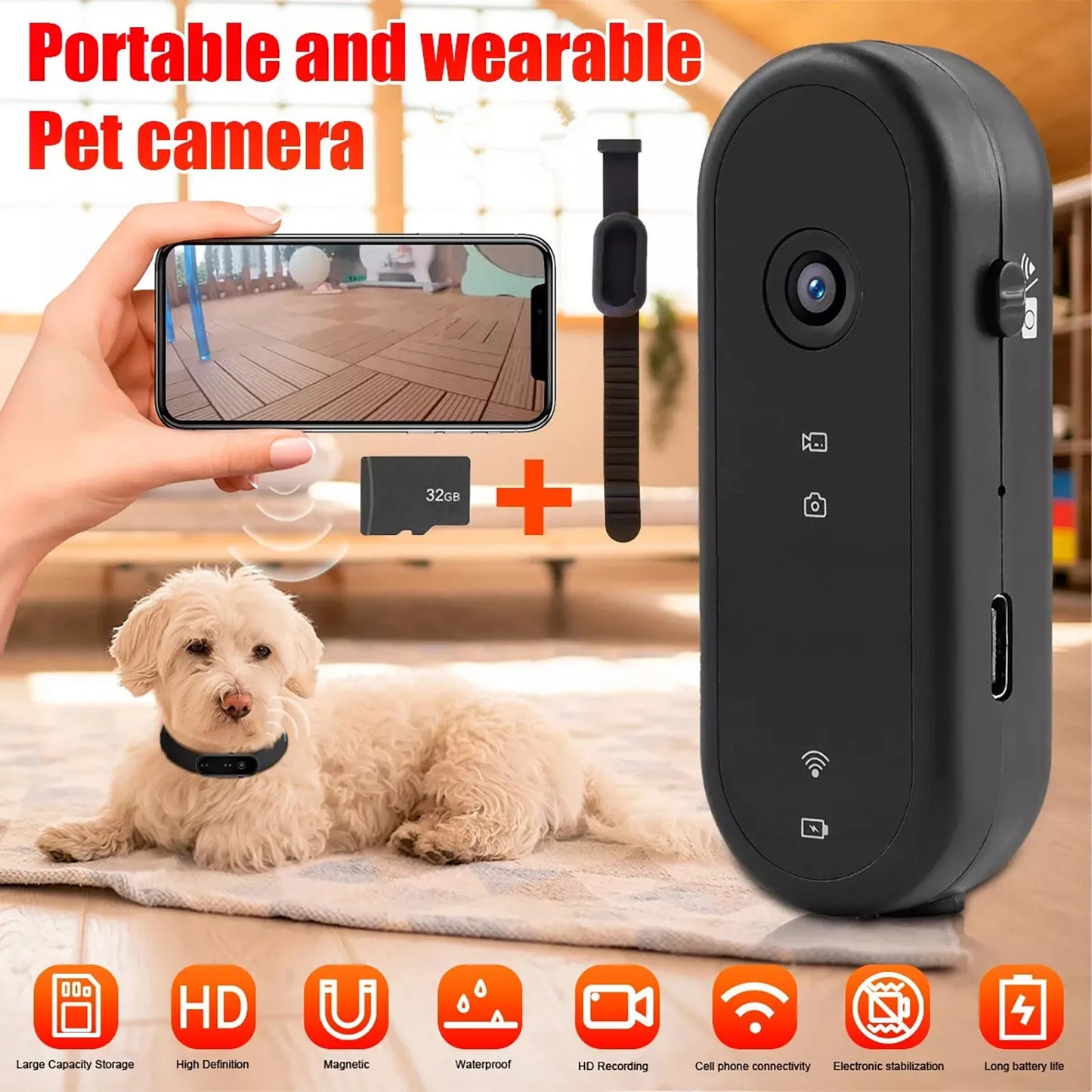 2-in-1 Pet Camera Collar - The ultimate fusion of pet POV and home security. Wireless Pet Dog Cat Collar Camera 120 Degree Wide Angle Pet Sports Action Camera Monitor For Video Records Indoor Outdoor 32GB