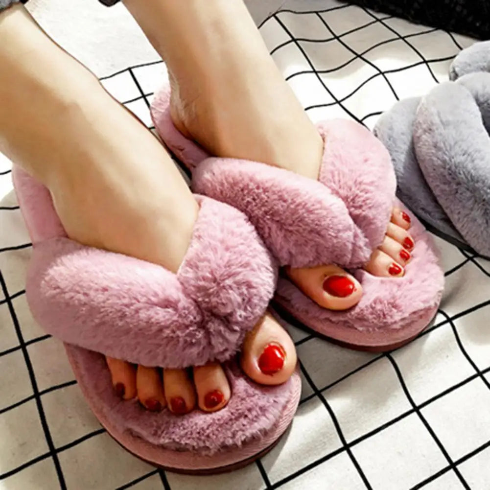 1 Pair Plush Women Slippers Thicken Furry Soft Warm Practical Winter Thermal Flip Flops for Home Indoor