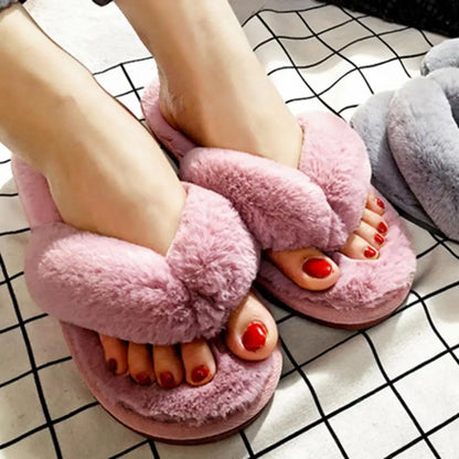 1 Pair Plush Women Slippers Thicken Furry Soft Warm Practical Winter Thermal Flip Flops for Home Indoor