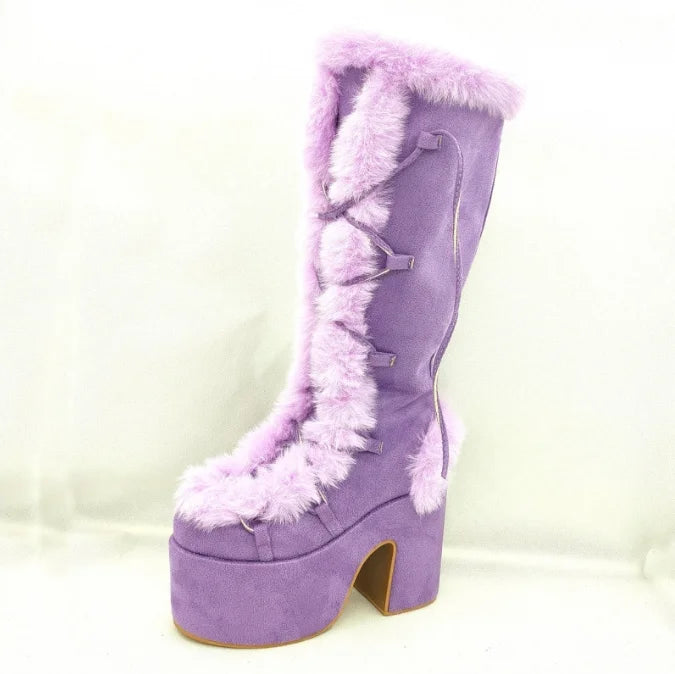 Purple faux suede mid-calf platform boot with chunky high heel and light purple faux fur trim.