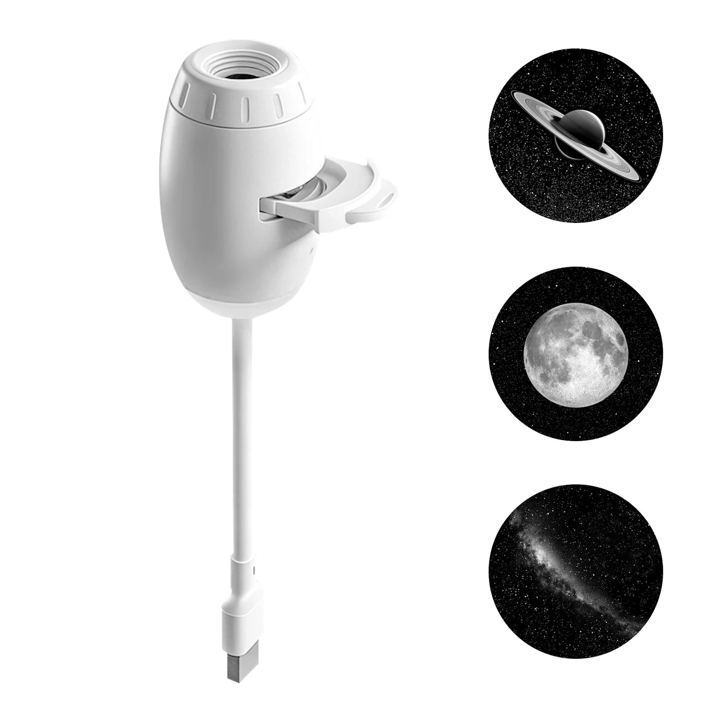 White USB LED ambient projector light with adjustable gooseneck and slide tray for bedroom wall decor.