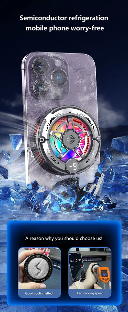 Black magnetic phone cooler with star-shaped RGB light and digital display, used for gaming to prevent overheating.