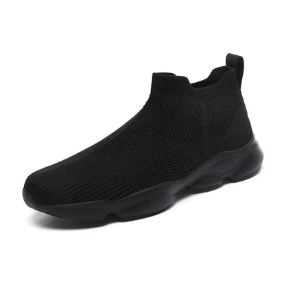 Black knit slip-on sneakers with breathable fabric and cushioned soles for casual daily wear.