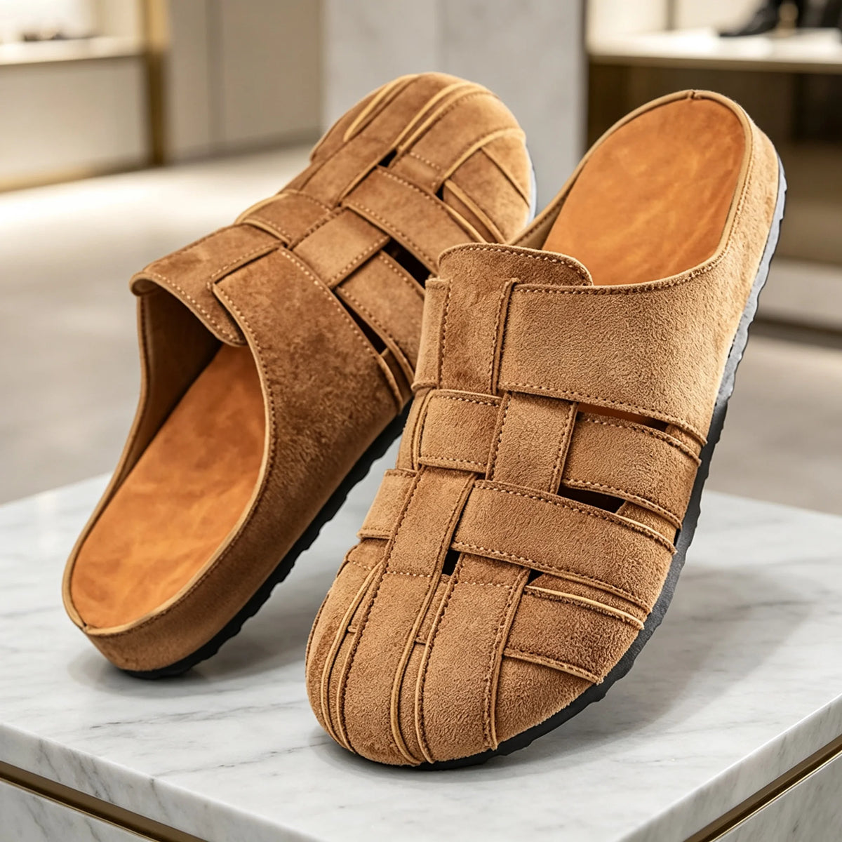 Men's woven closed-toe mule slippers with padded insole