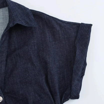 Denim Midi Dress - Women's Ruched Short Sleeve Casual Streetwear Dress