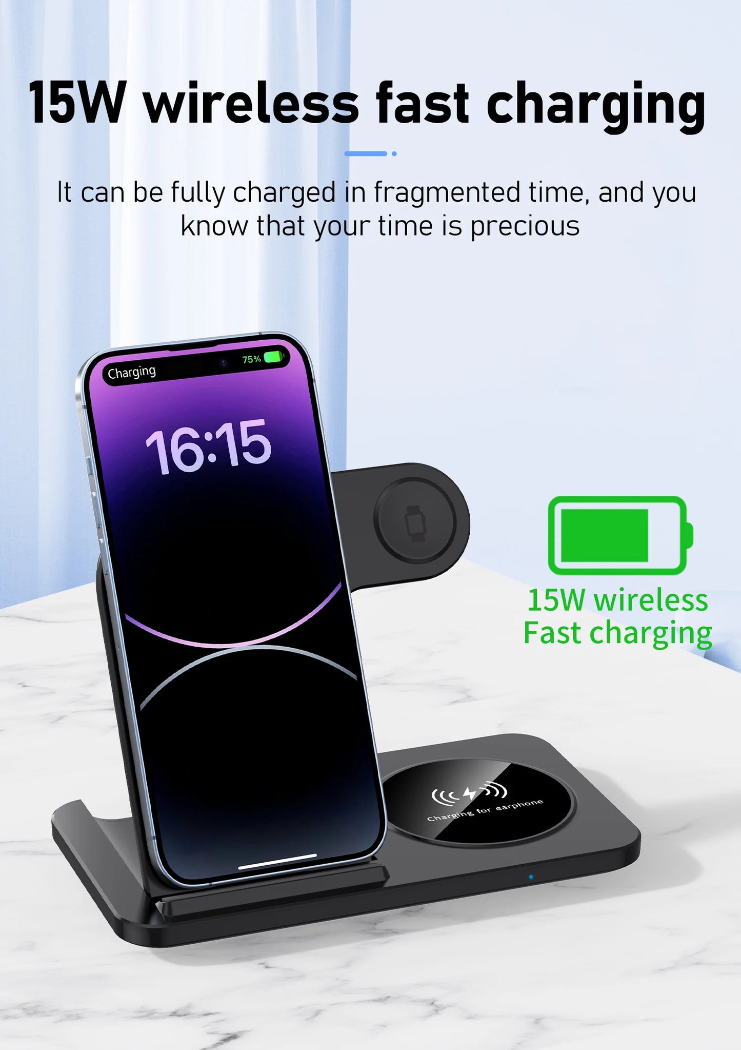 Foldable Wireless Dock for Smartphones and Earbuds 3-in-1