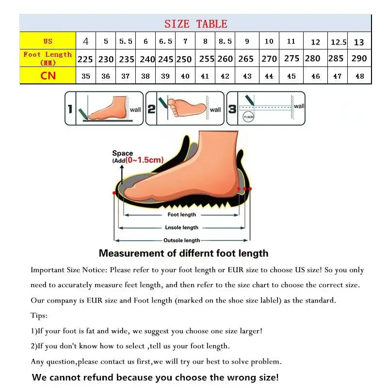Foot size chart with US and CN measurements and visual guides for accurate shoe fitting.
