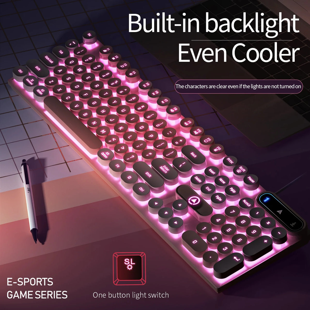 Mechanical typewriter keyboard with round retro LED backlit keys
