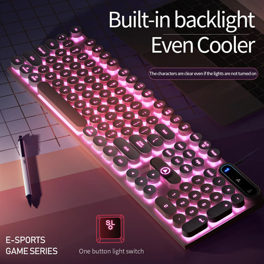 Typewriter Round 104 Keys Wired Keyboard Backlit For Gaming