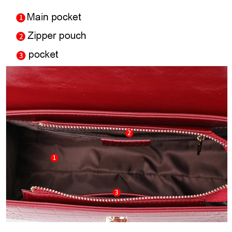 Red crocodile-pattern leather handbag interior showing main pocket, zipper pouch, and slip pocket.