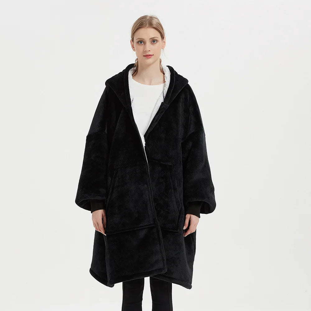 Unisex Ultra Thick Lamb Velvet Pajamas With Hooded Blanket And Zipper For Winter Sleepwear