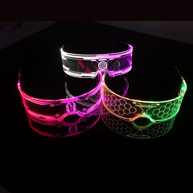 Festival glasses with glowing LED illumination and cybernetic frame patterns