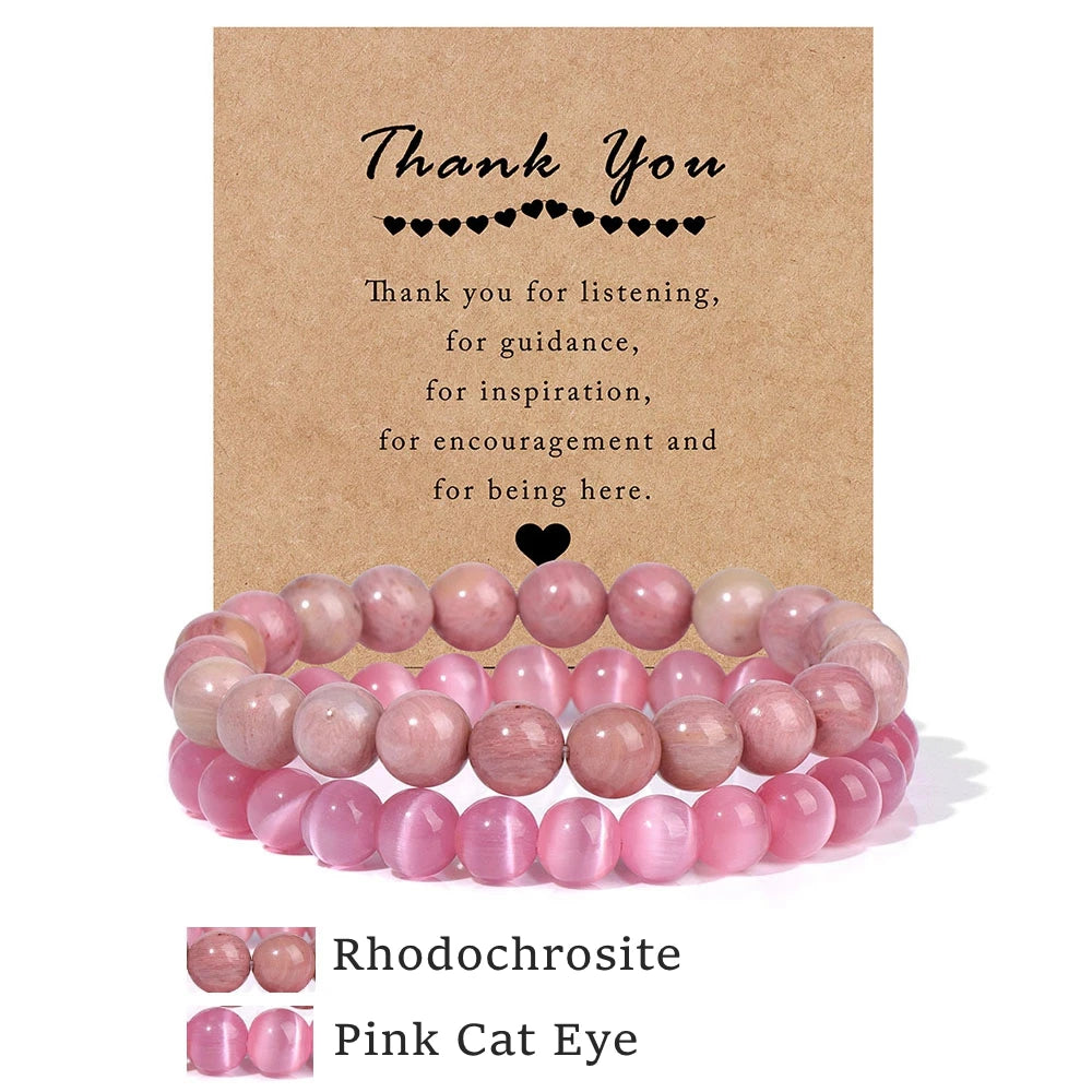 Beachwear Style Bracelet Set for Couples with Natural Amethyst Cat Eye Beads and Gift Card