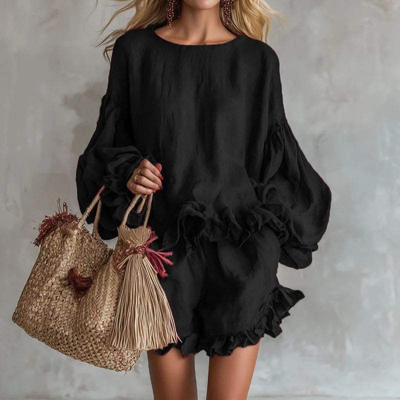 Women’s two-piece set with lantern-sleeve top and shorts