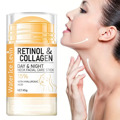 Retinol and collagen face and neck cream stick in a clear and yellow plastic container with white label.